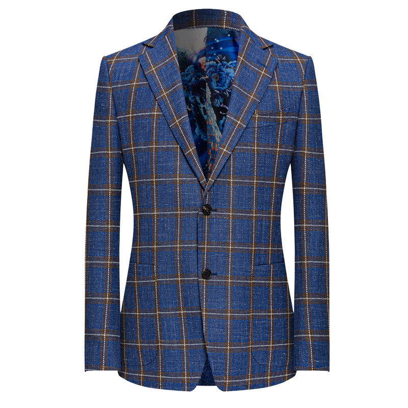 本派休闲西装外套男进口brown aaron苏格兰风格蓝色格子羊毛西服