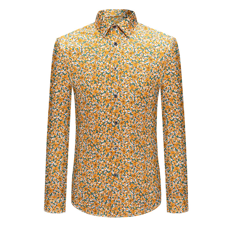 本派男士黄色碎花纯棉衬衫