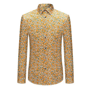 本派衬衫男高级感痞帅男士夏季新款短袖黄色碎花纯棉印花衬衣长袖