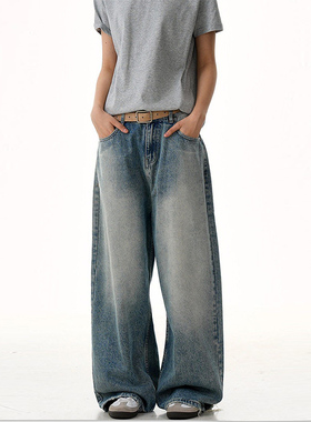 Z POCKET美式复古蓝直筒牛仔裤男女宽松简约cleanfit休闲阔腿裤子