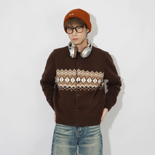 上衣潮牌宽松 格子菱形毛衣秋冬款 POCKET日系复古vintage针织衫