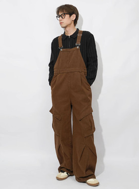 Z POCKET潮牌日系吊带裤休闲裤背带裤男女工装裤宽松直筒阔腿裤子