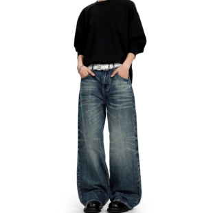 POCKET高街美式 子男夏季 直筒宽松阔腿深色牛仔裤 垂感潮牌裤 男款