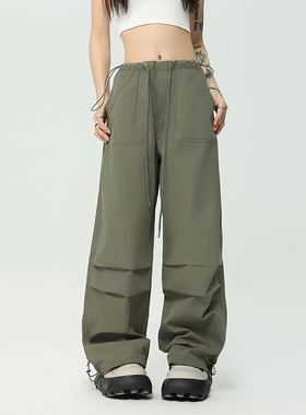 Z POCKET抽绳褶皱工装伞兵裤女潮牌裤子直筒阔腿束脚休闲裤男垂感