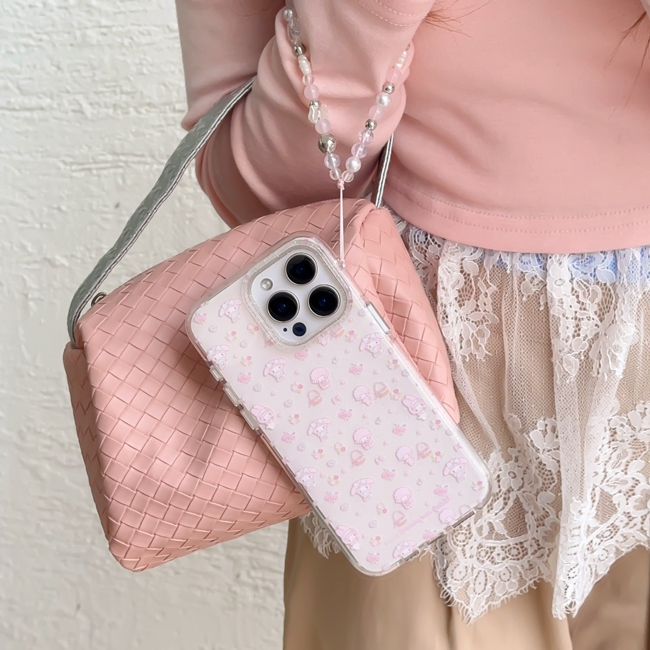 日韩ins可爱少女心粉色碎花美乐蒂小羊手链16promax适用iphone15pro圆弧双层14手机壳苹果13保护套硬壳防摔女
