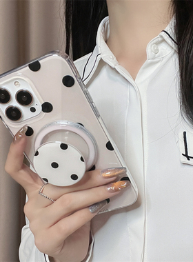 ina韩风高级感简约黑色波点磁吸支架15promax适用iPhone13苹果12双层印花11防摔保护套男女硬壳14plus