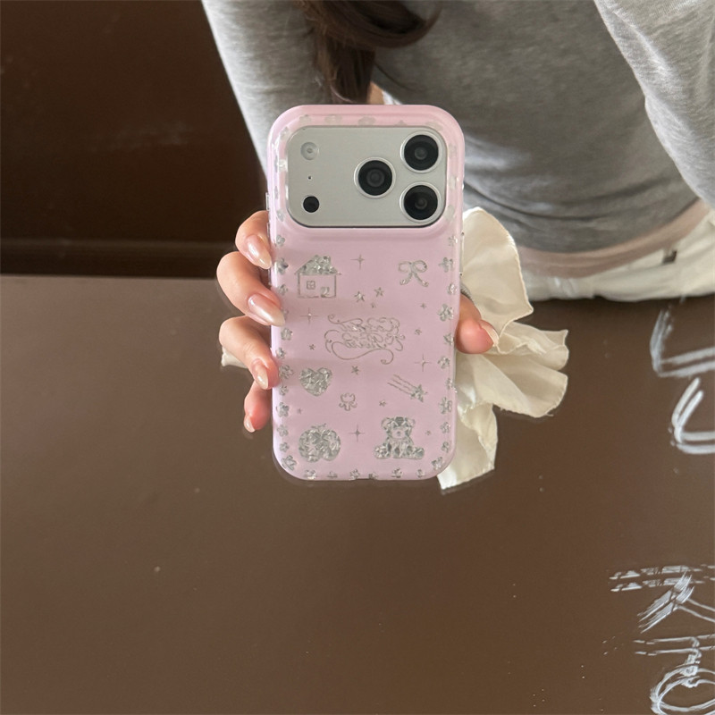 韩系ins可爱少女心粉色小熊插画适用苹果17promax双层碎玻璃硬壳iphone16pro手机壳15pro卡通保护套防摔