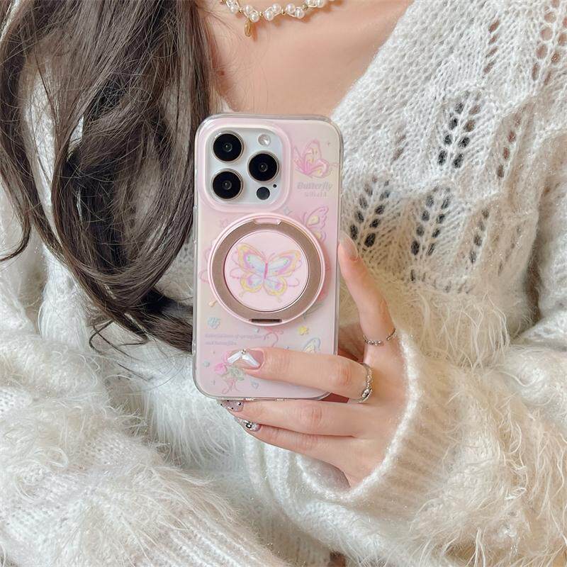 日韩ins小众高级感粉色晕染蝴蝶16promax适用iphone15pro双层印花14手机壳360度旋转磁吸支架13女款防摔硬壳