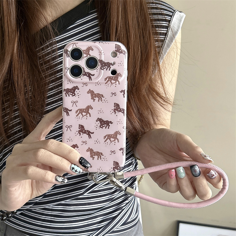 韩风ins可爱少女心满屏粉色细闪小马手绳链条17promax适用iphone16pro双层印花15手机壳14苹果13硬壳卡通防摔