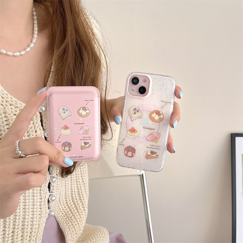 日韩ins小众少女心粉色泼墨甜品蛋糕下午茶磁吸卡包15promax适用iPhone14苹果13pro双层印花12手机壳保护套女