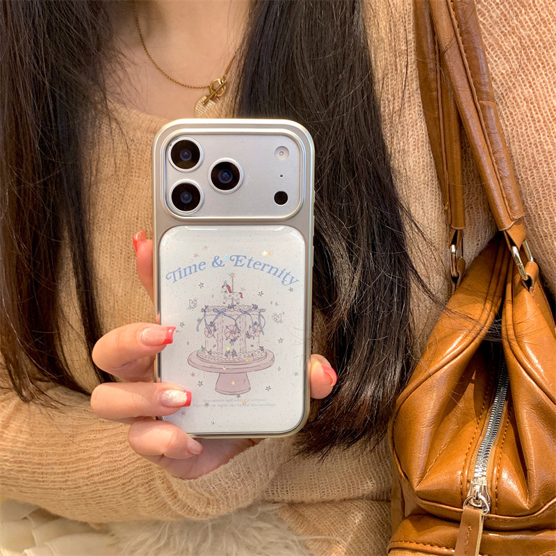 韩国ins小众简约可爱少女心蛋糕旋转木马细闪17promax适用iphone16pro电镀银边硬壳苹果15pro手机壳14卡通13
