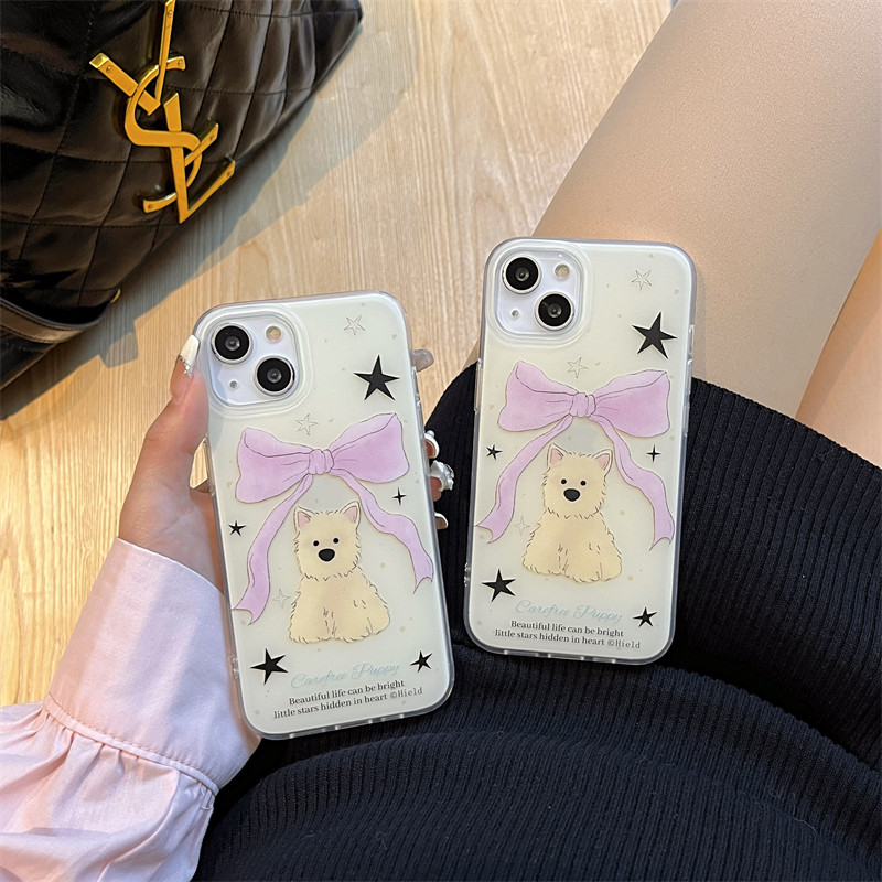 韩风ins卡通可爱粉色少女蝴蝶结西高地狗狗15promax适用iPhone14plus苹果13pro双层磨砂17pro手机壳16保护套
