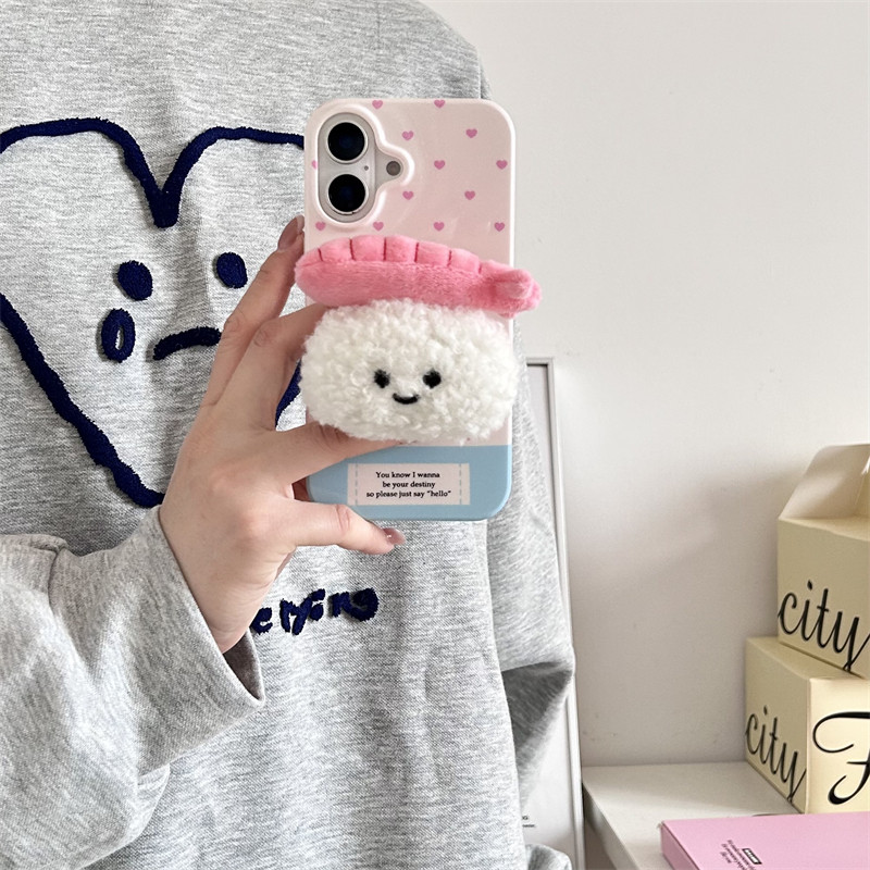韩国ins小众可爱趣味粉色少女心毛绒甜虾寿司支架16promax适用iphone15苹果13pro粉色11拼接爱心12手机壳女14