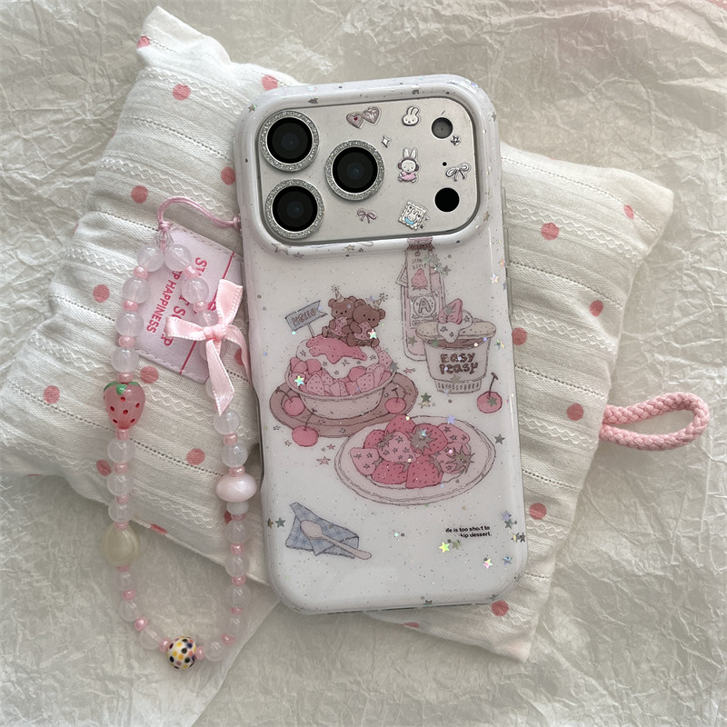 韩风ins可爱甜美粉色草莓蛋糕小熊下午茶手链17promax适用iphone16pro圆边双层细闪15手机壳苹果13硬壳防摔14