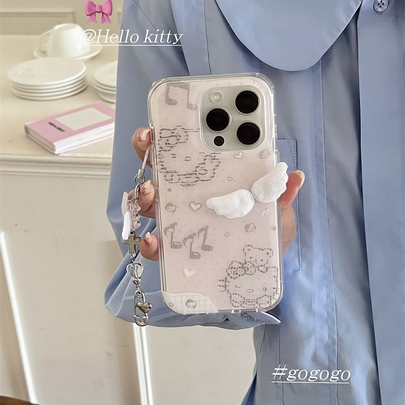 韩国ins小众粉色少女可爱立体翅膀线条猫咪手链吊坠16promax适用iphone15pro圆边双层波点小熊14手机壳苹果13
