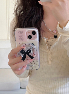 日韩ins少女心粉色拼接爱心小熊双层印花15promx适用iPhone14苹果13pro磁吸支架黑色蝴蝶结12手机壳保护套女