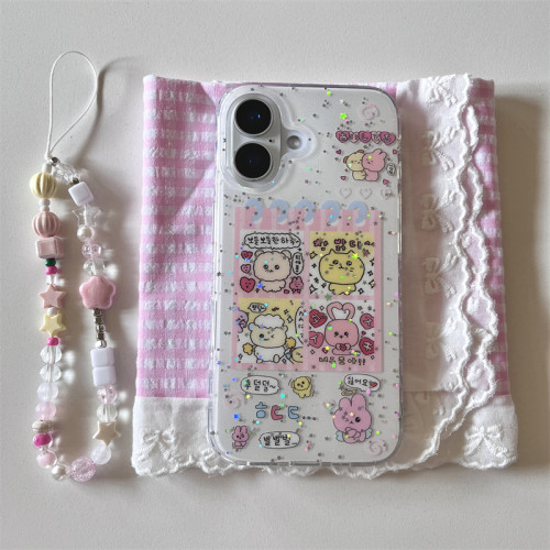 韩系ins可爱少女卡通宫格崔高兴小动物小猪小兔手链16promax适用iphone15pro双层闪粉14手机壳苹果13硬壳防摔