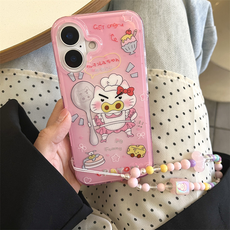 韩风ins卡通趣味搞怪烘焙厨师左卫门猪猪手链16promax适用iphone15pro粉色少女双层14手机壳苹果13保护套硬壳
