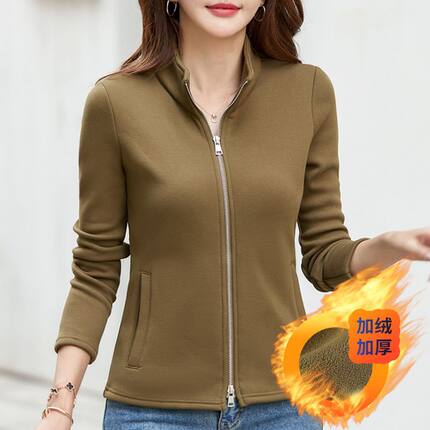 436 秋冬开衫抓绒外套女加绒加厚长袖纯色拉链打底衫韩版百搭上衣