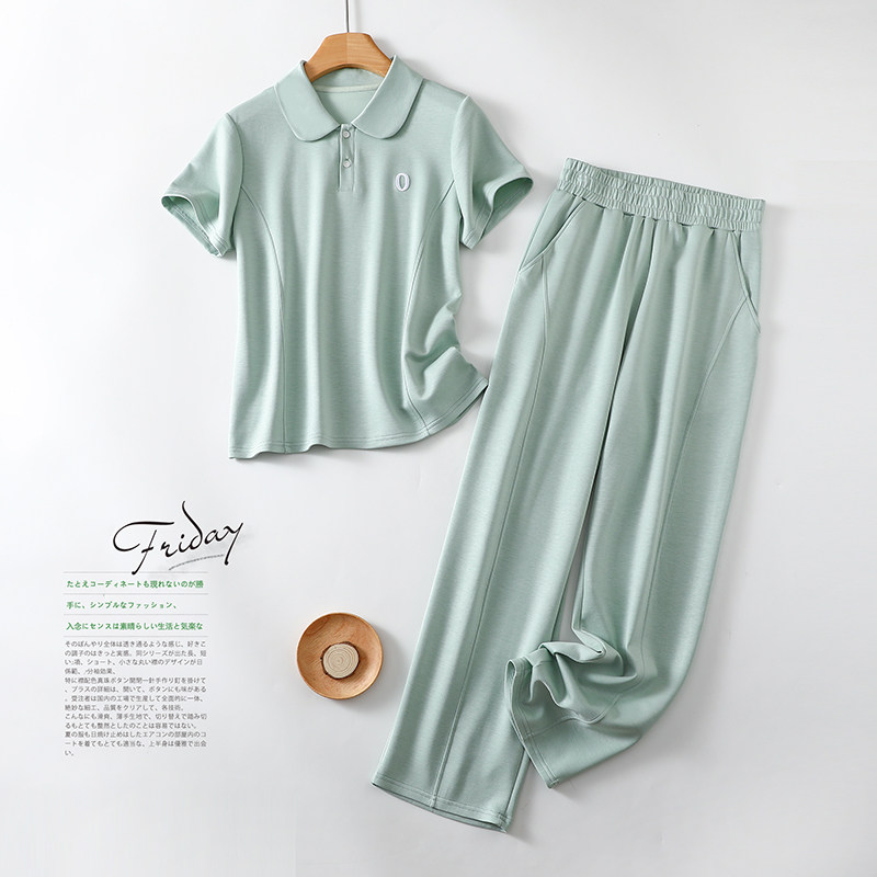 2023夏季新款女休闲风时尚显瘦polo领短袖高腰阔腿休闲裤骑士套装