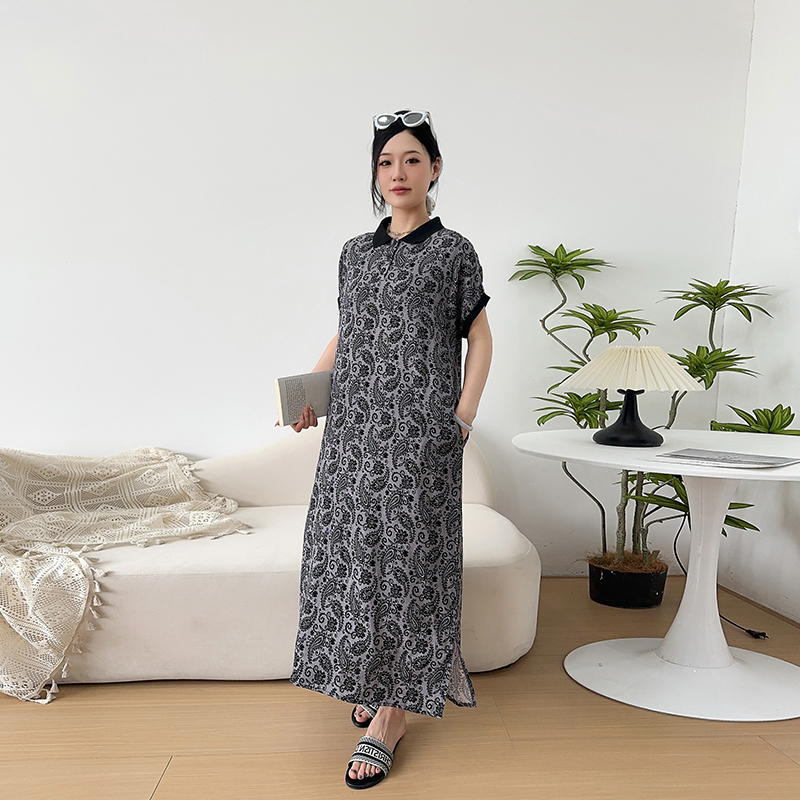 棉绸翻领连衣裙宽松大码休闲长裙薄款人造棉腰果花裙子孕妇睡衣裙