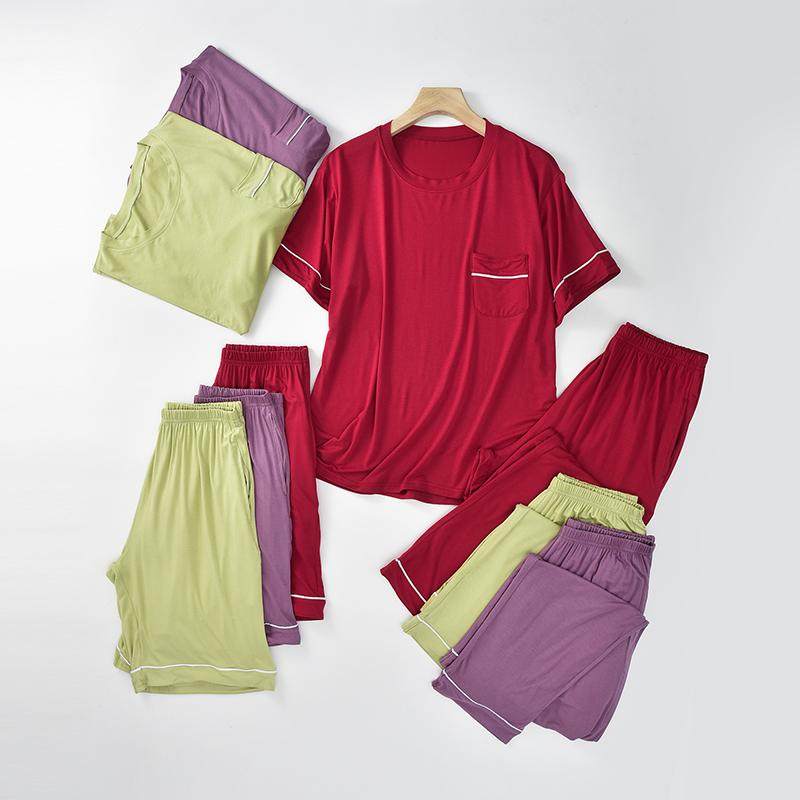 莫代尔睡衣三件套女款夏季短袖短裤薄款简约家居服套装运动可外穿