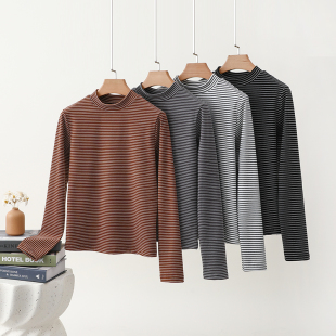 内搭保暖上衣 正肩中领秋衣显瘦打底衫 条纹半高领长袖 t恤女秋冬季