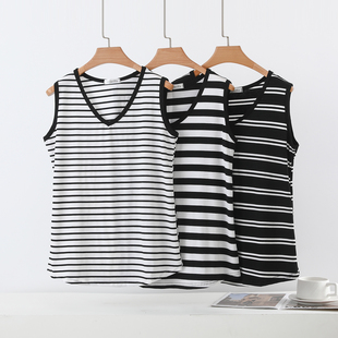 夏日清凉风V领条纹背心女莫代尔无袖打底衫薄款宽松大码汗衫上衣