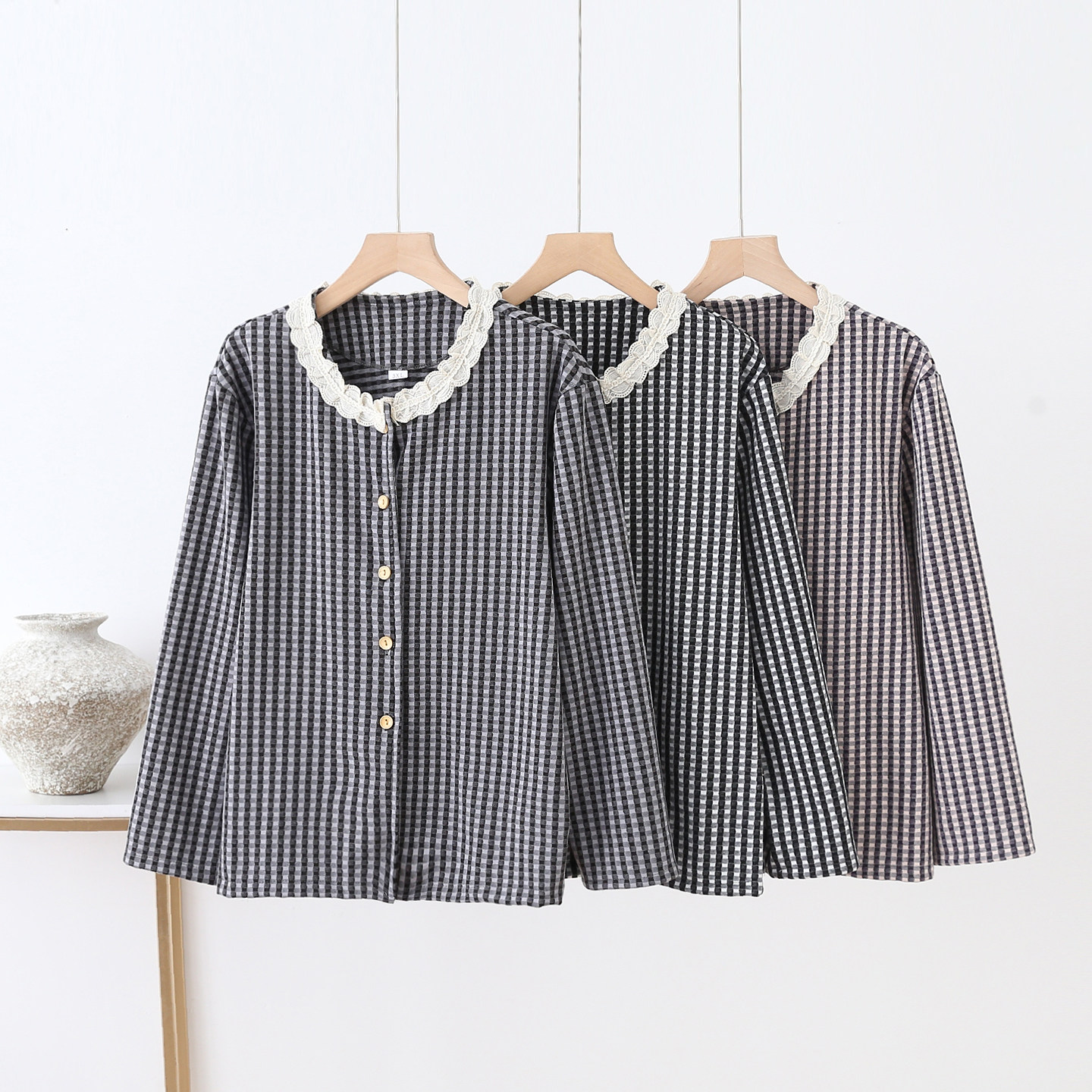 格子家居睡衣女蕾丝花边家居服