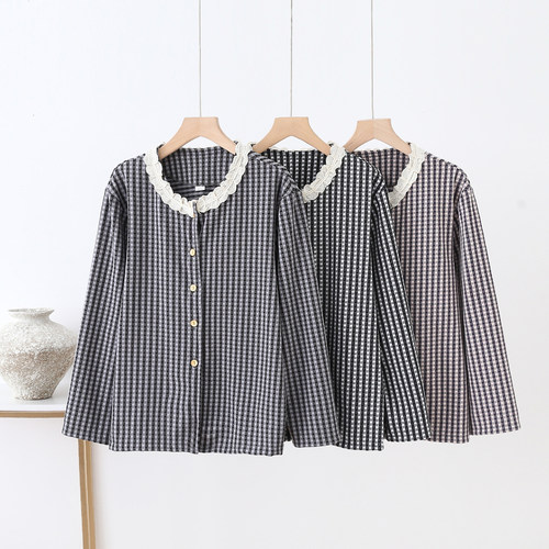 格子家居睡衣女蕾丝花边家居服
