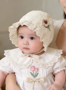 宝宝帽子春季包头护耳帽女婴儿宫廷帽蕾丝花边公主帽系绳甜美可爱