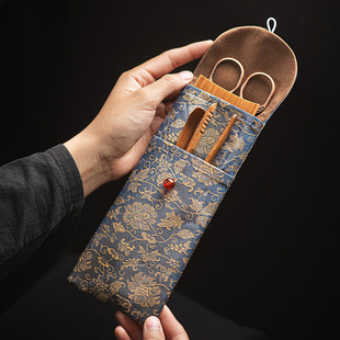 原竹茶荷茶则四件套茶道配件便携收纳袋竹夹茶剪茶拨分茶茶艺工具