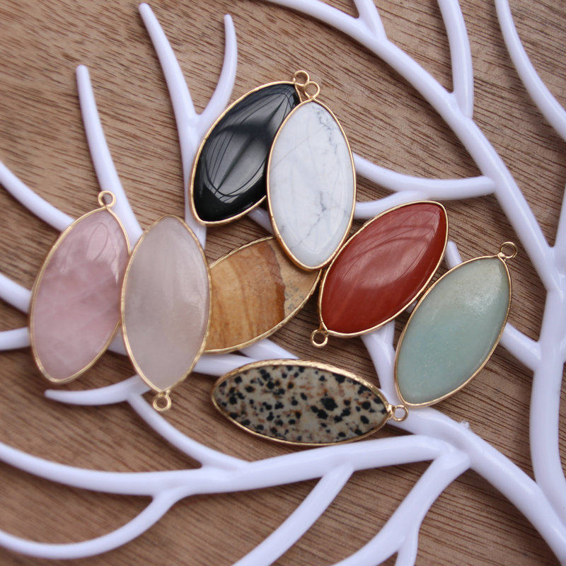 NATURAL STONE MARQUISE EDGING PENDANT PINK WHITE YELLOW BLACK GREEN RED AND GOLD EDGED SINGLE-HOLE PENDANT DECORATION DIY HAND-MADE ACCESSORIES