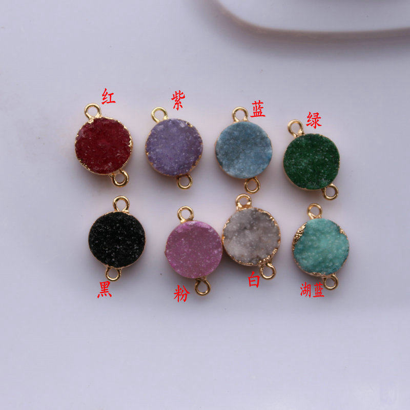 天然水晶晶簇圆形小吊坠12mm双挂孔电镀金边晶芽手链项链装饰配件