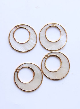 天然镜贝圆中圆金边吊坠32mm偏心圆薄贝壳半透明耳环项链手工配件