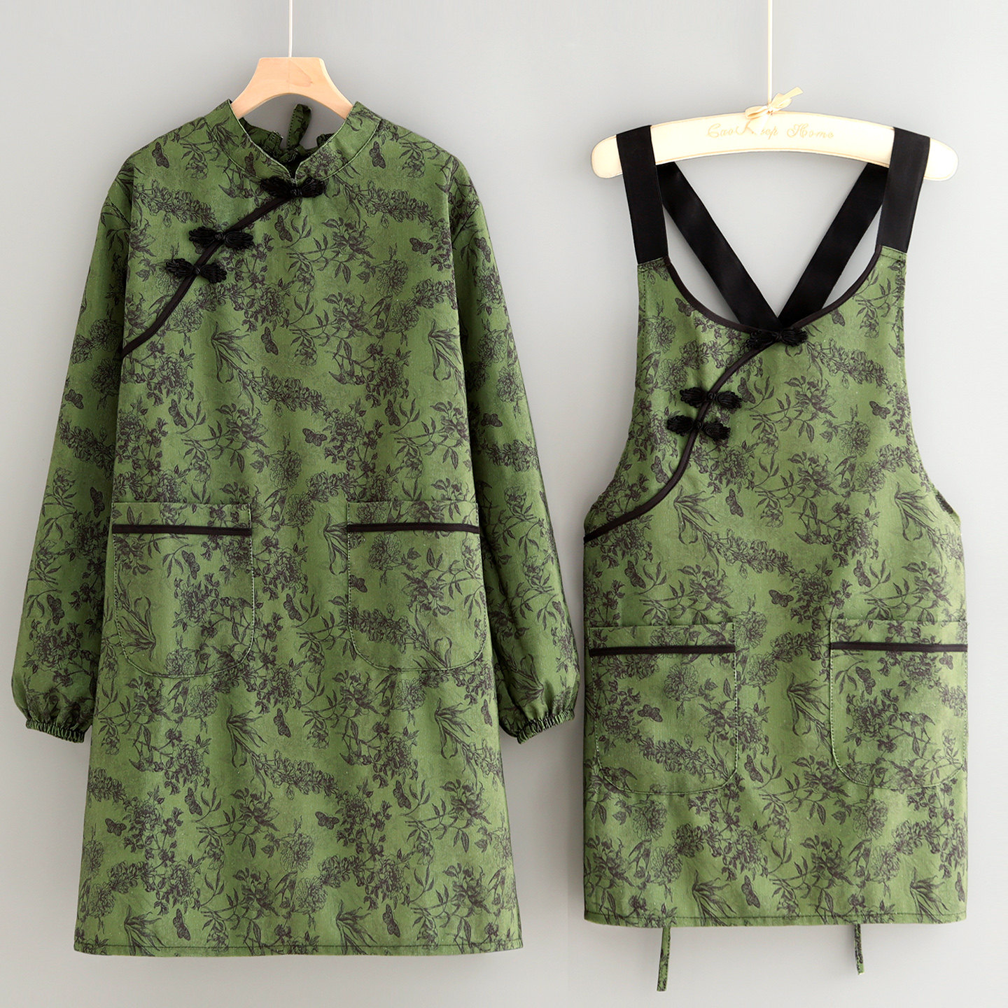 帆布中古风长袖罩衣家用厨房围裙