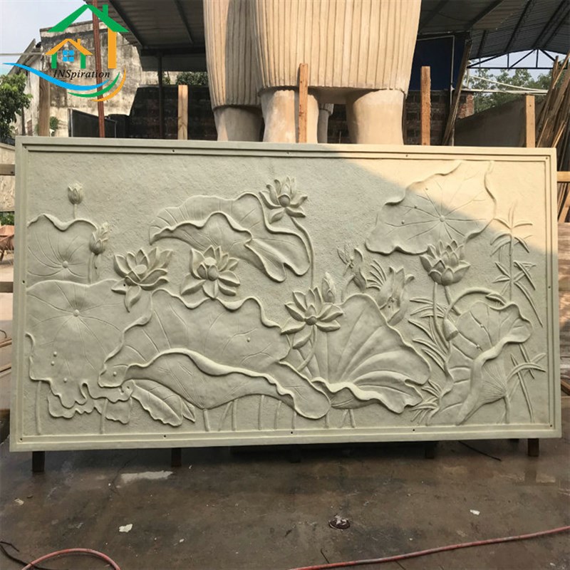 园林景观荷花图案浮雕 人造砂岩花开富贵壁画  砂岩石浮雕挂件