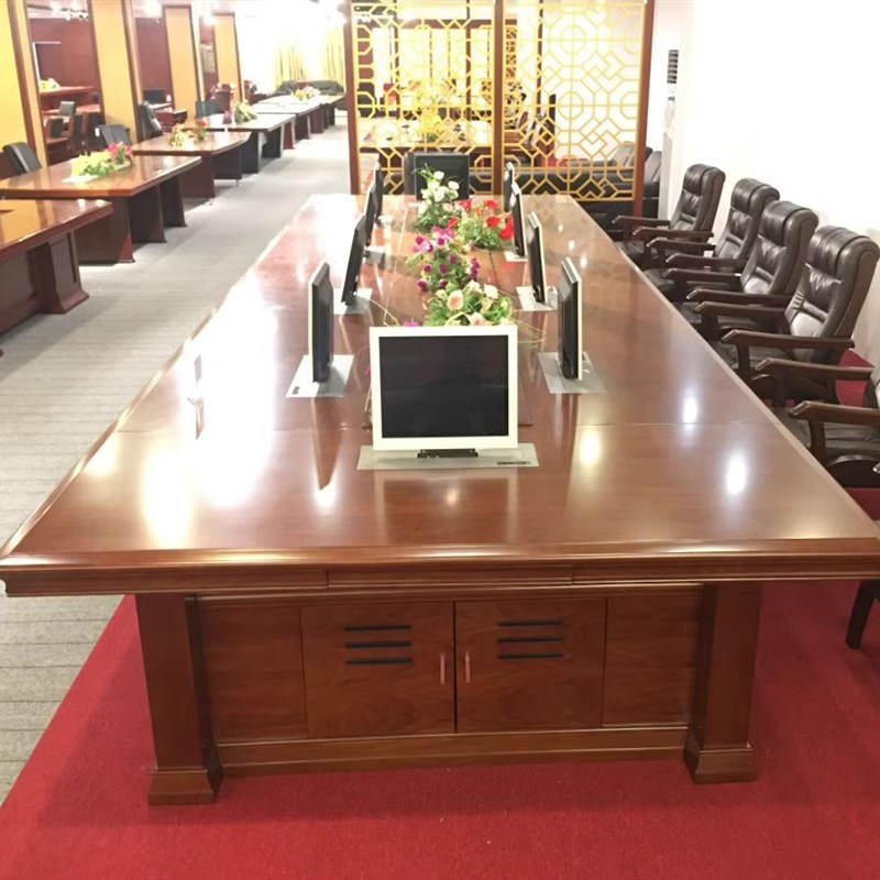 升降器会议桌键盘抽10公分桌面油漆实木皮长条桌开会办公桌