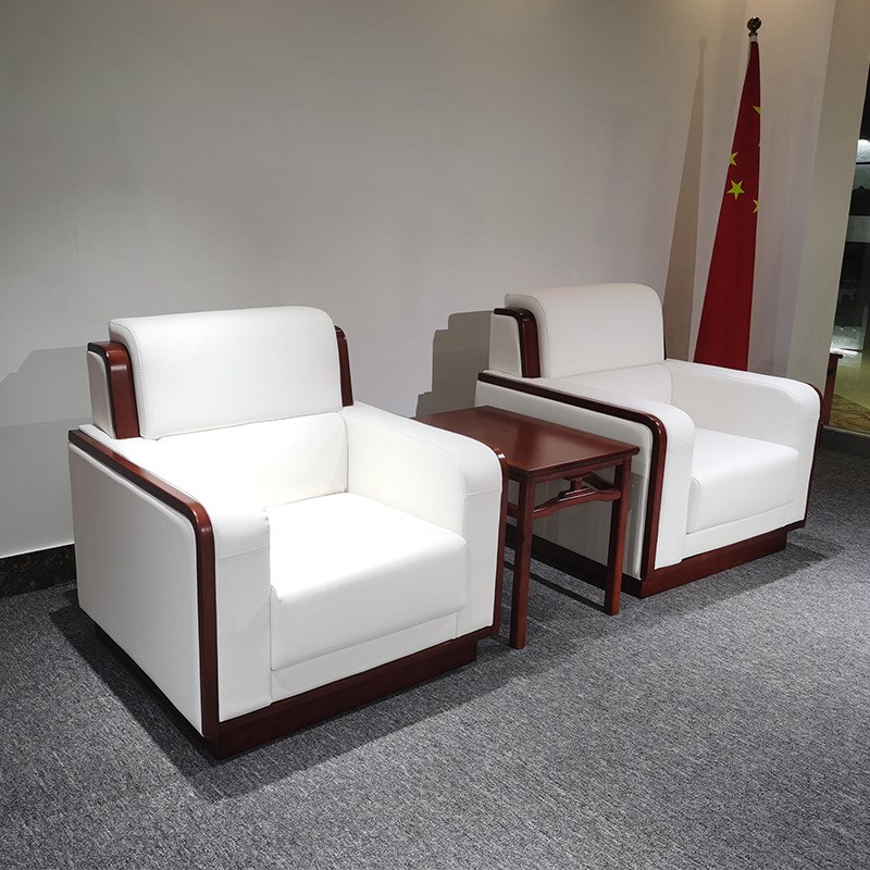 办公室贵宾接待沙发茶几组合中式商务培训会议单人实木办公沙发