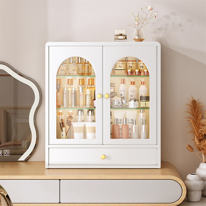 梳妆台化妆品收纳盒带灯桌面带抽护肤品收纳置物架防尘口红展示盒