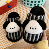 秋冬季 撞色条纹毛绒情侣棉拖可爱ins小狗男女休闲家居日系毛毛鞋