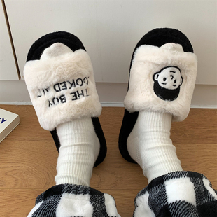 时尚 女冬季 新款 情侣居家一字棉拖鞋 男 韩版 卡通室内保暖防滑毛绒鞋