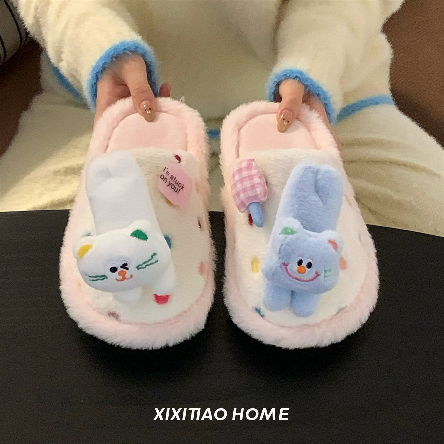 女冬趣味小猫舒适保暖包头棉拖鞋