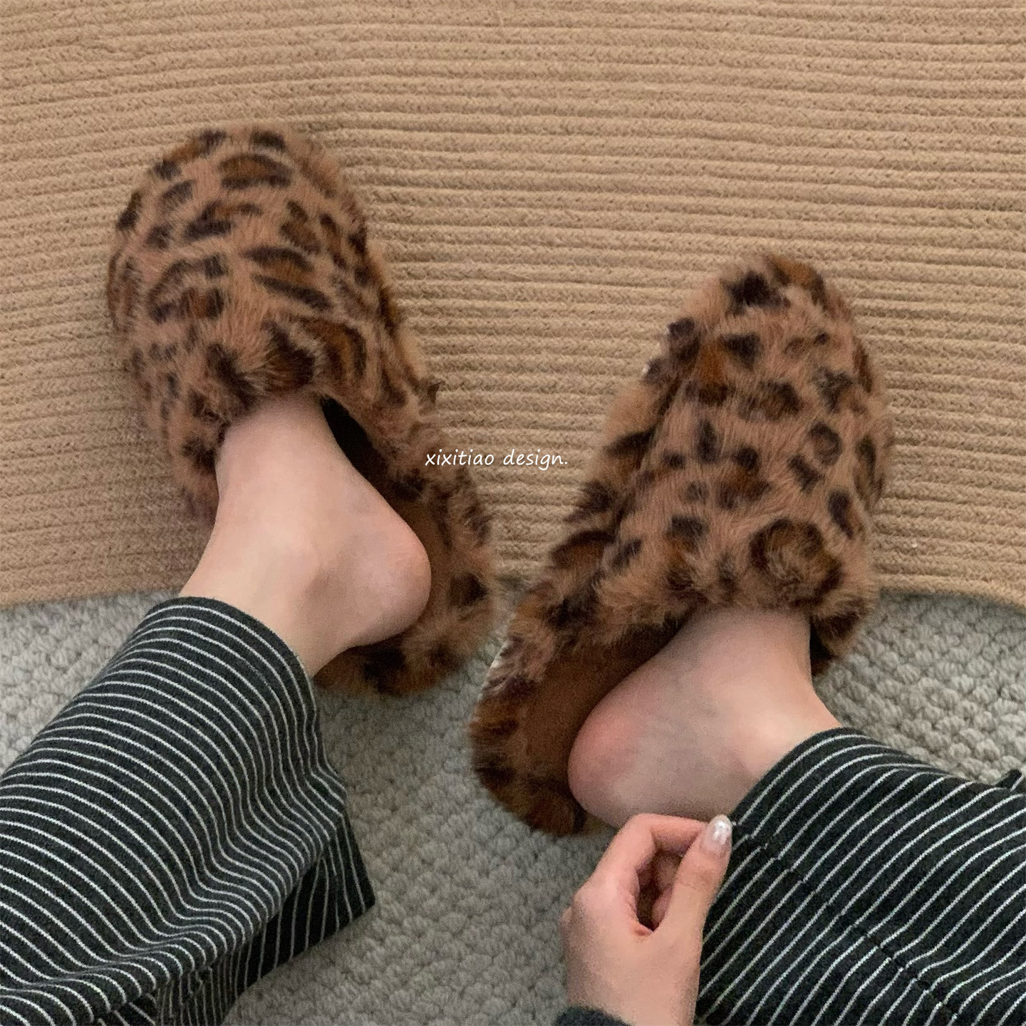 休闲卧室家用冬季保暖防滑时尚包头毛毛鞋个性高级感豹纹棉拖鞋女