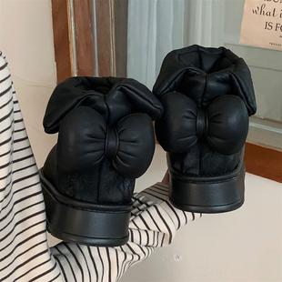 高级感蝴蝶结冬季防水pu雪地靴时尚户外穿保暖加绒厚底中筒棉鞋女