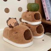 男女卡皮巴拉水豚亲子包跟可爱棉拖鞋 保暖冬季 一家三口家居毛毛鞋