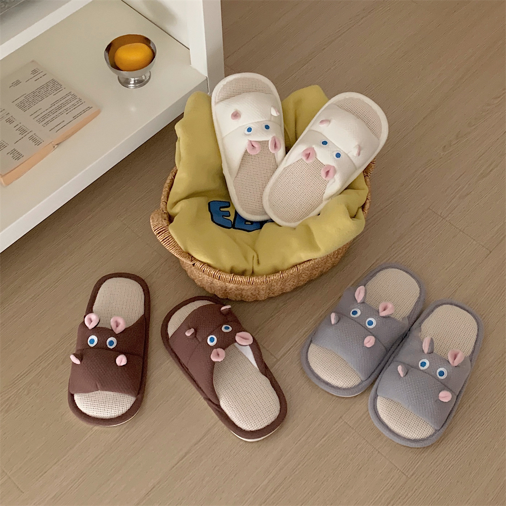 情侣趣味卡通丑萌河马亚麻拖鞋