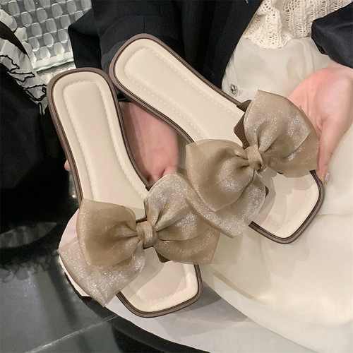 仙女风女夏季网纱蝴蝶结平底拖鞋