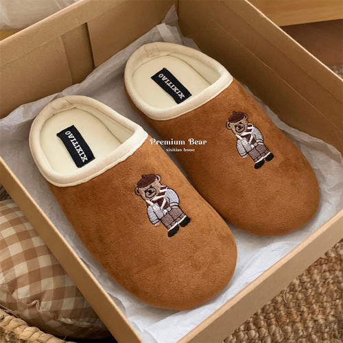 情侣创意刺绣小熊居家棉麻拖鞋