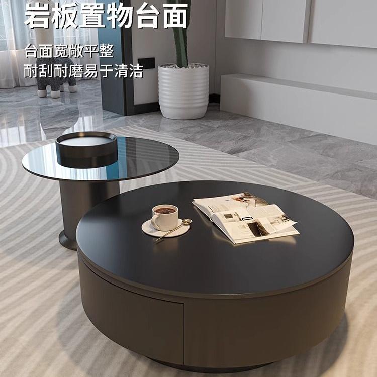 岩板黑色家用客厅圆形茶几轻奢